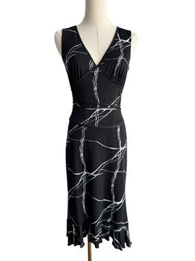 Vintage 90s Le Chateau Black Midi Dress Small Abstract Print Tie Waist Made USA
